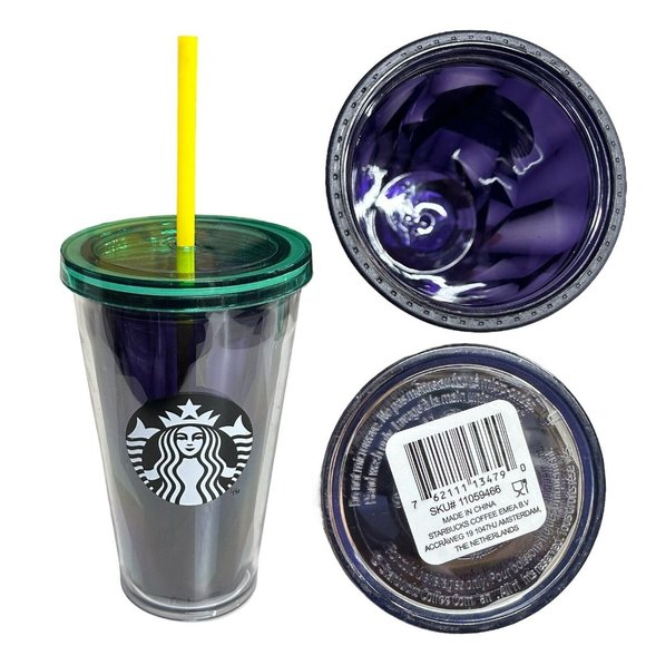 NWT Starbucks 16 oz Cold Cup Tumbler Prism Foil Purple Green Yellow Mardi Gras - Picture 1 of 12